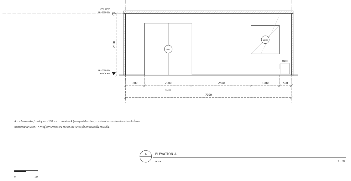 Drawing from RAYA's A3 set: elevation A of the same room with the sliding door and window