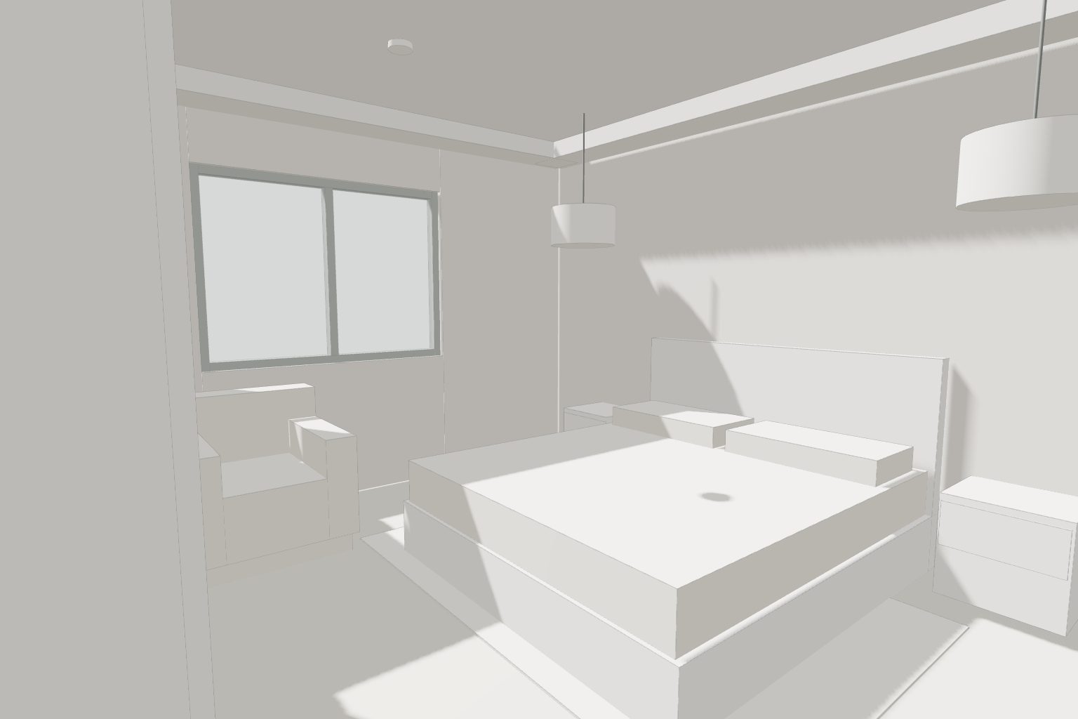 Before: the same room as a white clay model in RAYA