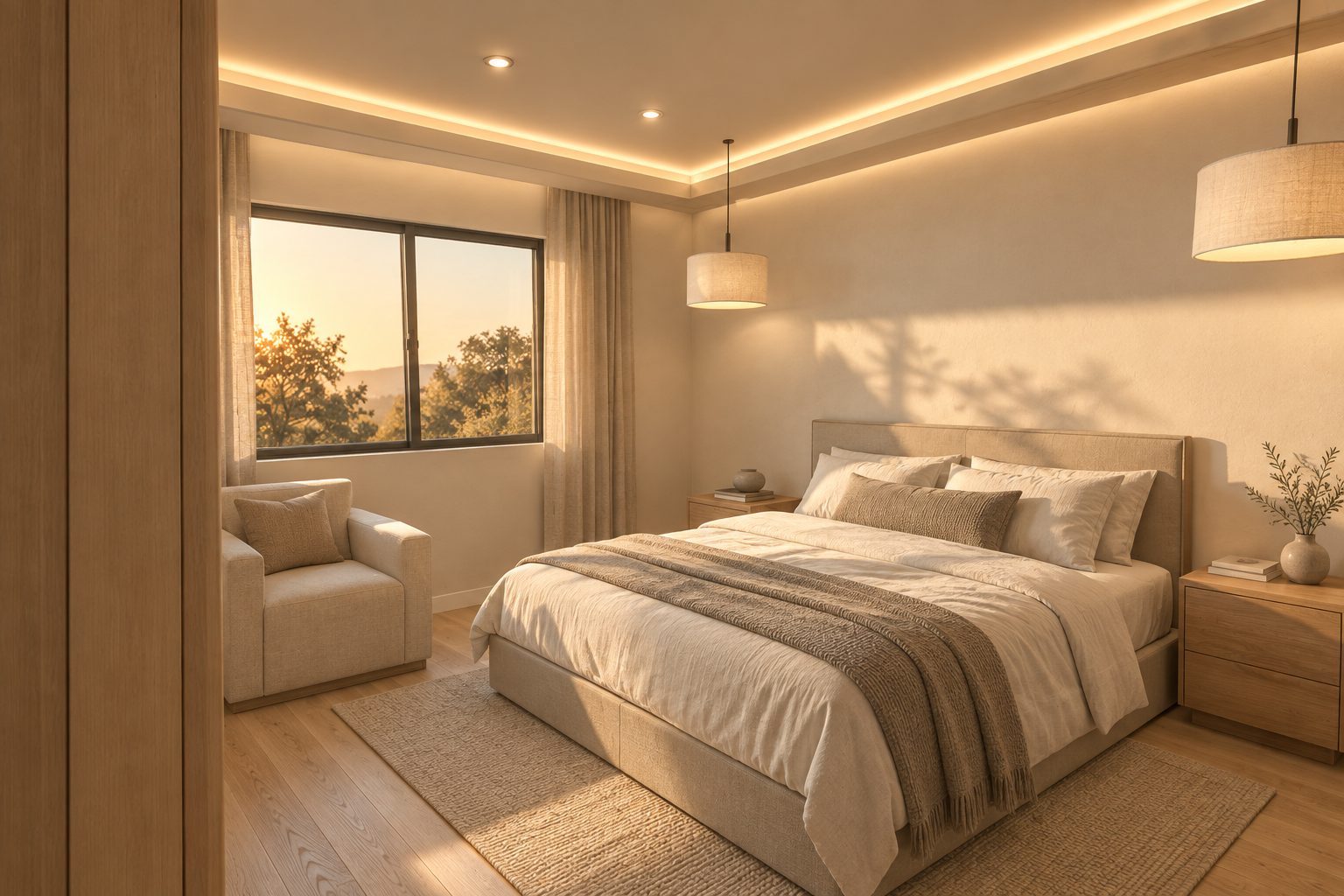 Render of a master bedroom made from the room modelled in RAYA: bed, bedside tables, armchair, window, pendants and a lit ceiling cove